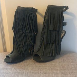 Olive fringe open toe heels